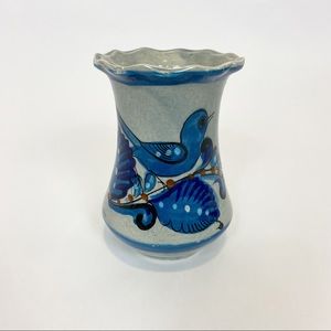 Tonala Mexican Pottery Vase Blue Bird Design Signed